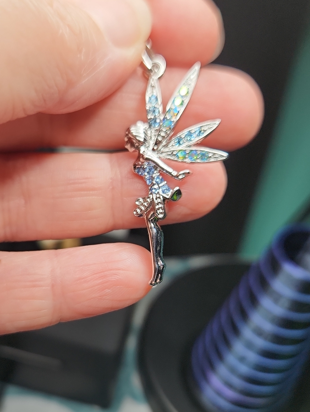 Silver Fairy Pendant Necklace with Blue and Green Crystals